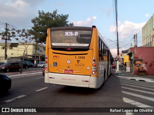 Viação Metrópole Paulista - Zona Leste 3 3408 na cidade de São Paulo, São Paulo, Brasil, por Rafael Lopes de Oliveira. ID da foto: 7139238.