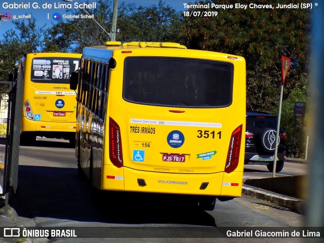 Auto Ônibus Três Irmãos 3511 na cidade de Jundiaí, São Paulo, Brasil, por Gabriel Giacomin de Lima. ID da foto: 7127480.