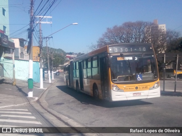 Viação Metrópole Paulista - Zona Leste 3 3448 na cidade de São Paulo, São Paulo, Brasil, por Rafael Lopes de Oliveira. ID da foto: 6982243.