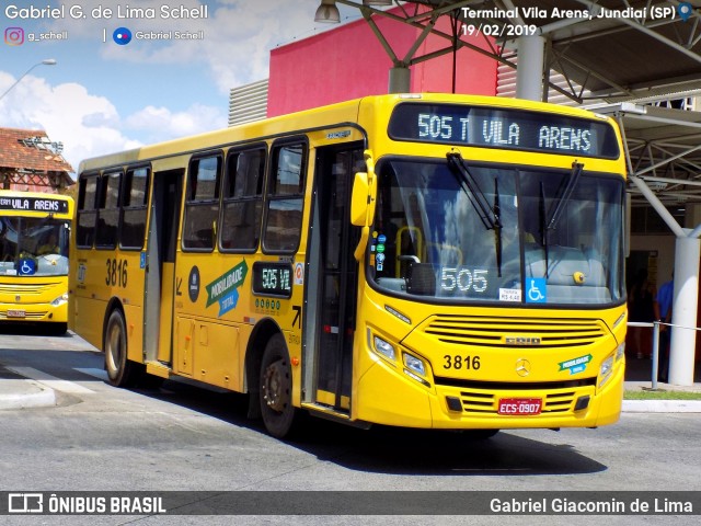Auto Ônibus Três Irmãos 3816 na cidade de Jundiaí, São Paulo, Brasil, por Gabriel Giacomin de Lima. Número da foto: #7039776.
